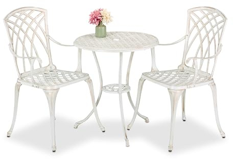 Relaxdays Garden Bistro Set, 3-Piece, Table & 2 Chairs, Antique Design, Patio Furniture, Outdoor Dining, White/Bronze