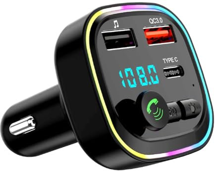 EuAcesry Trasmettitore Fm Bluetooth Auto, Accendisigari Musica Bluetooth, Adattatore Radio, 2 USB Port 5V/3A,Ricarica Rapida PD 20W,Tipo-C e QC3.0,Supporto TF Card/Chiavetta USB