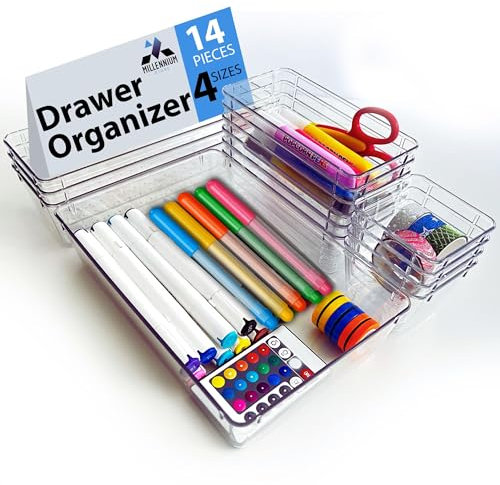 Millennium Store 14 Pack Clear Drawer Organiser Trays – Stackable Plastic Storage Boxes – Ideal for Kitchen, Office, Bathroom, Makeup organiser & Desk Drawer Organiser