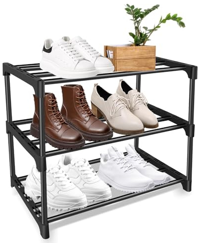 KILDOWS Schuhregal Platzsparend mit 3 Ebenen, Metall Schuhablage Klein Schuhaufbewahrung Leichtes Schuh Regal Stapelbar Schuhständer für Flur Wohnzimmer Schlafzimmer Eingangsbereich Outdoor, Schwarz