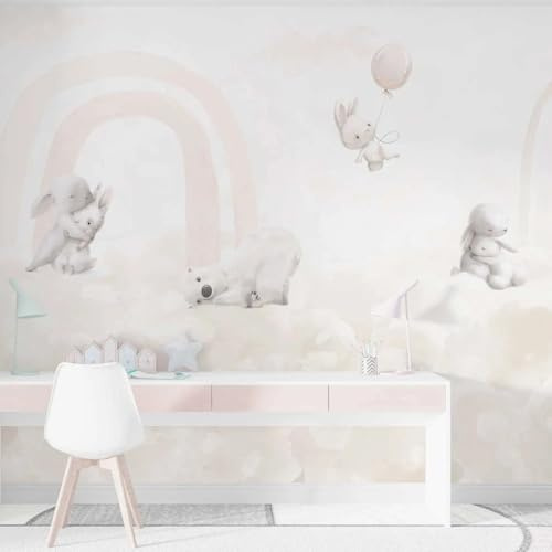 UNIK Nordic Vliestapete Kindertapete Wolkentraum 500 x 300 cm – Kuscheltiere auf Wolken mit Regenbogen in Pastell – beruhigend & schadstofffrei – ideal fürs Babyzimmer – weich gezeichnet