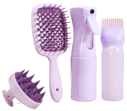 4-in-1 Hair Care Set Silicone Scalp Massager, Oil Applicator Bottle & Shampoo Brush Hair Dye Tools with Comb & 200ml Spray Bottle for Home Hair Treatment (purple)