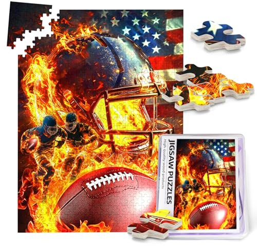 American Football Jigsaw Puzzle for Adults 500 Pieces Fantasy Fire Sport Ball Puzzles Football Player Wooden Puzzle for Living Room Challenging Family Activity Games Puzzle Lovers Gifts