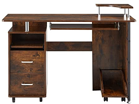 Solid Wood Computer Desk,Office Table with PC Droller, Storage Shelves and File Cabinet, Two Drawers, CPU Tray,a Shelf Used for Planting