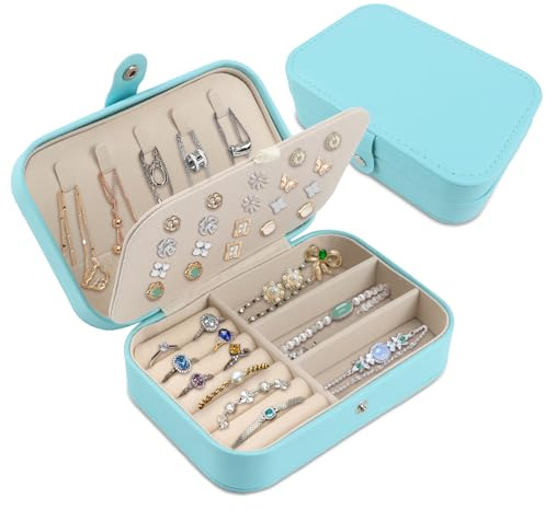 Joyero de viaje, joyero pequeño, joyero pequeño con compartimentos, portátil, para anillos, pendientes, collares, azul claro