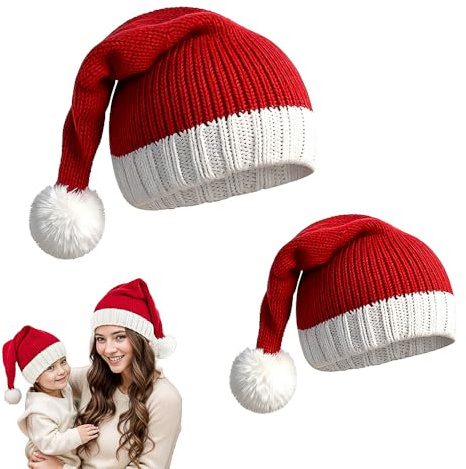 KBIBCK Cappello di Natale per Bambino e Madre, 2 PZ Cappello di Babbo Natale, Cappello di Natale adatto per la famiglia, Cappello Pom Pom spesso per genitori e figli, scaldacollo invernale Santaa