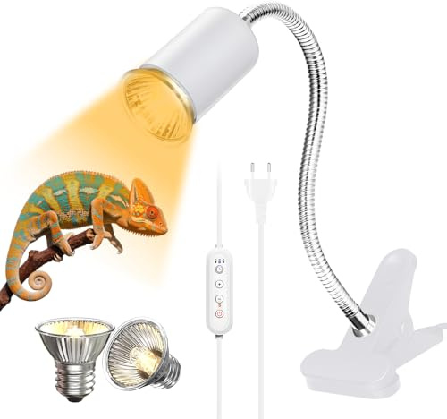 yotutun Wärmelampe Schildkröten, Reptilien Heizlampe Terrarium Lampe mit Timer UVA UVB Lampe mit 2 Basking Spot Glühbirnen E27 Lampenfassung für Schildkröte Eidechse (Weiß, Birnen 50W + 25W)
