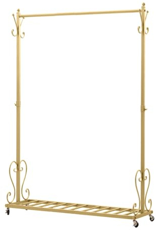 SCGSJZH Metall-kleiderständer auf rollen, Gold (120cm x 180cm) | Garderobenständer mit Bodenregal, 4 Rollen mit Bremse, Stabil kleiderstange, bis 65 kg belastbar, für Schlafzimmer, Boutique