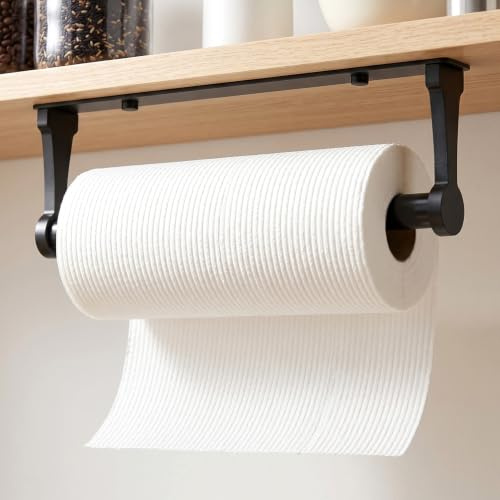 Kitchen Roll Holder under Cabinet, Adhesive or Screw Fixed Options Kitchen Roll Holder Wall Mounted, Aluminum Alloy Paper Towel Holders for kitchenette, Bathroom, Living Room, Black