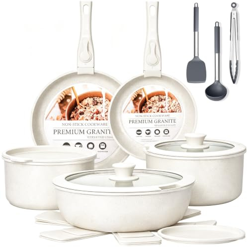 Nonstick Pots and Pans Set 17pcs, Induction Hob Pan Set, Kitchen Cookware Sets with Detachable Handle, RV Frying Pans, Saucepan Sets with Lids, Oven Safe(White)