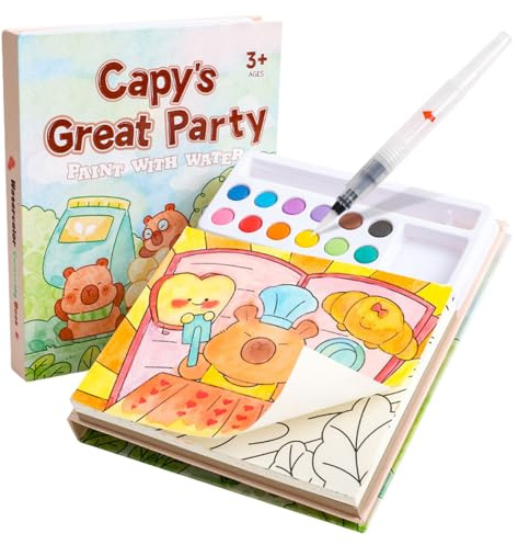 Livre Coloriage Enfant Capybara, Coloriage à l'Eau avec Peintures Solides & Pinceau à Eau, Peinture Enfant Facile à Utiliser, Cadeau Éducatif Créatif pour Amoureux d'Animaux
