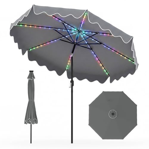 COSTWAY 270 cm Sonnenschirm mit bunter LED-Beleuchtung, 12 Beleuchtungsmodi, beidseitig um 30° knickbar, Gartenschirm mit Kurbel und Volant, Terrassenschirm, Marktschirm für Garten, Terrasse (Grau)