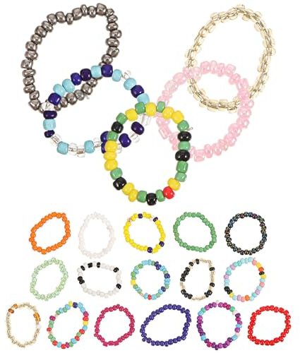 KAILIKETIY Bunte Perlenringe 21 Stück Fingerringe Kreativ Komfortable Glasringe für Frauen Mädchen Shopping und Bankett 0.91x0.91 Zoll Zufällige Farbe