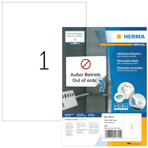 HERMA 10315 Universal Etiketten ablösbar, 100 Blatt, 210 x 297 mm, 1 pro A4 Bogen, 100 Stück, selbstklebend, bedruckbar, matt, blanko Papier Klebeetiketten Aufkleber, weiß