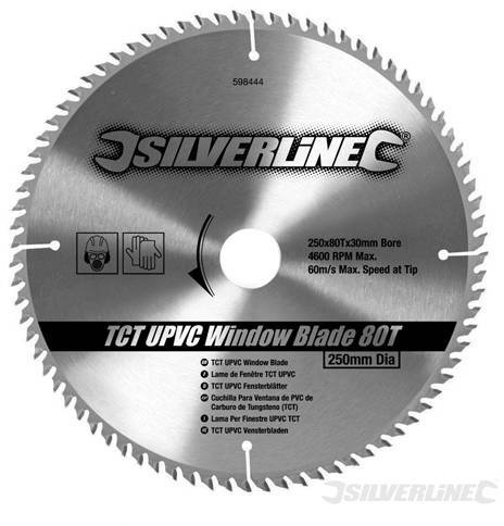Power Tool Accessories Circular Saw Blades TCT UPVC Window Blade 80T 250 x 30 - 25, 20, 16mm rings Negative rake blade for chop saws. Blade designed to cut uPVC aluminium extrusions such as windows. Cuts aluminium, light alloys, plastic extrusions and wood. 80 teeth.