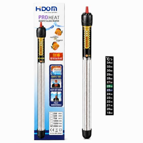 Hidom Aquarium Heater Quartz Glass Submersible Fish Tank - 200w Thermostat Control Pro-Heat HT 8200 - With FREE Stick on Thermometer - Suitable for both fresh and salt water