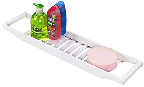 Taylor & Brown Premium 100% Natural Bamboo Bath Caddy Bridge Slim Wooden Bathtub Bathroom Over the Tub Shelf Tidy Storage Tray Rack Holder Organiser, White