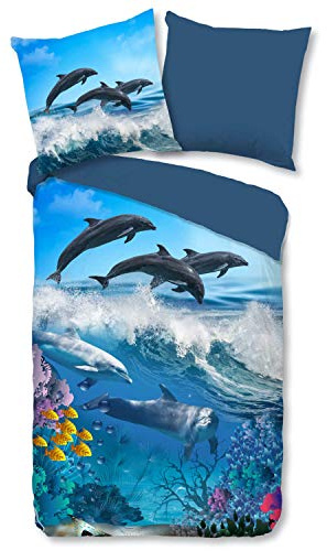 ESPiCO Bettwäsche Renforcé Delfin-Unterwasserwelt mit Korallen und Fischen, 100% Baumwolle, Blau, 135x200 cm