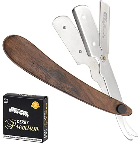 G4 Vision Professional Straight Edge Razor Barber Genuine Wood Handle Stainless Steel Folding Razor, Cut Throat Razors 100 Free Blades