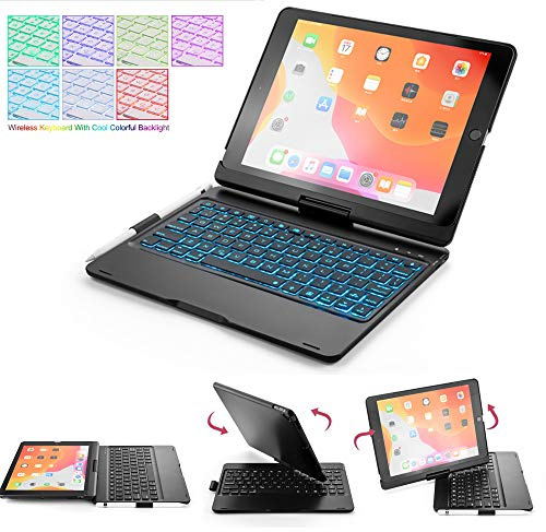 QYiD Funda con Teclado para 9.7 iPad 2018 (6ª Gen) - 2017 (5ª Gen) - iPad Pro 9.7 - iPad Air 2 & 1, 7 Colores Retroiluminación Teclado Bluetooth Giratorio de 180° Funda de Aluminio, Negro