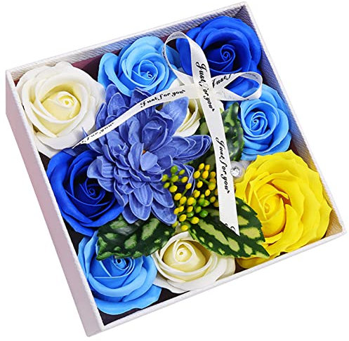 XuanMax Fleurs de Savon avec Boîte Cadeau Carré Chrysanthème＆Hortensia＆Rose Pétale Parfumée Savon Bouquet de Bain Corps pour Anniversaire Saint-Valentin Fête des Mères Journée de la Femme - Bleu