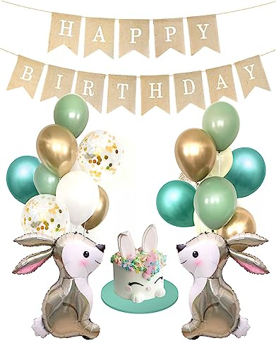 Regendeko Hasen Deko Happy Birthday Kindergeburtstag Salbeigrün Gold | Boho Eukalyptus Waldtiere – Party Deko für Junge & Mädchen – Ideal für 1. Geburtstag, Ostern, Taufe & Baby Shower