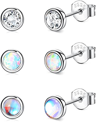 CASSIECA 3 Paar 925 Sterling Silber Ohrstecker für Damen Mädchen Kinder - Mondstein, Opal, Zirkonia Ohrringe Set - Winzig Klein, Hypoallergen, CZ Piercing Schmuck Geschenk - 4mm