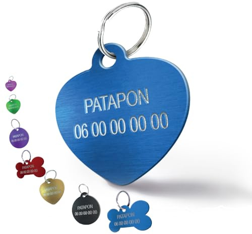 Hundemarke & Katzenmarke graviert personalisiert – Aluminium-Anhänger mit Gravur – Beidseitig gravierbar 2 Zeilen mit Name & Telefonnummer (Kleines Herz-25 mm, Blau) | Personalisierbares Identifikationsmedaillon 2 Zeilen aus eloxiertem Aluminium – beidseitige Gravur mit Namen & Nummer
