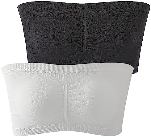 FULIER Dam Bandeau BH vadderad axelbandslös trådlös Bralette BH sömlös bandeau magtröja BH Bralette 2-pack, Svart vit, L