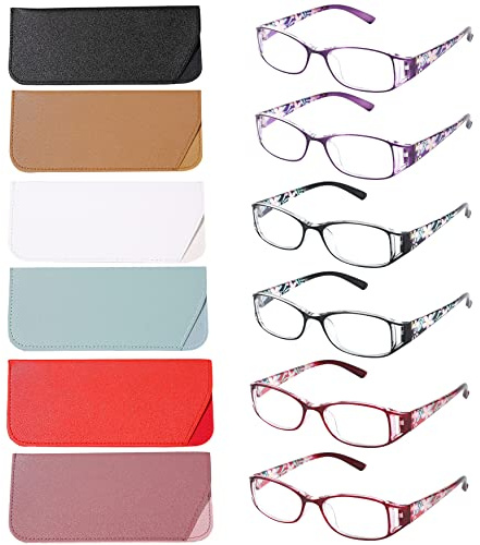 WALMXX 6 pairs Reading Glasses, Women Fashion and elegant anti-blue light HD resin old Reading Glasses (2 red 2 black 2 purple, 4, multiplier_x)