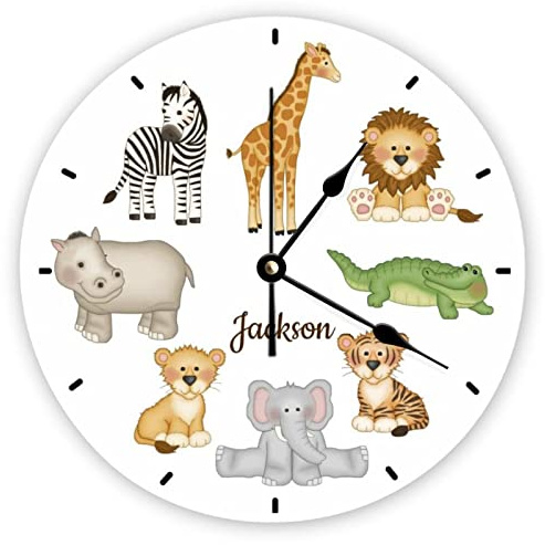 Reloj de pared decorativo silencioso sin tictac, safari, animales de la selva con nombre personalizado para niños, niñas, niños, relojes de madera modernos para dormitorio, sala de estar, hogar,