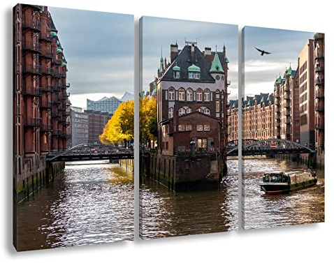 Leinwandbild Hamburg Speicherstadt Kanal bei Nacht Format: 120x80 cm (3Teilig) XXL Kunstdruck Bild auf Keilrahmen/Wandbild/Wohnzimmer Deko