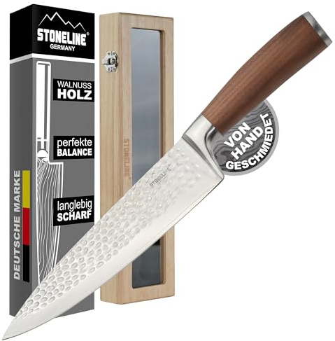 STONELINE Damastmesser Kochmesser 34 cm, Extrem Scharfe 20 cm Klinge aus 67 Lagen, HRC 60±2, VG10 Stahl, Damast Profi Küchenmesser mit Hammerschlag, Griff aus Walnussholz