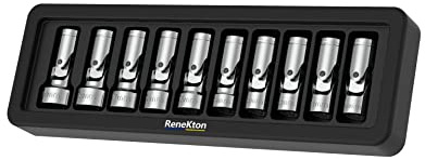 Renekton 10mm-19mm 3/8 Inch Drive Universal Joint Socket Set, 10Pc, Cr-V Steel, Swivel Head, Metric, 12 Point, Flexible, Corrosion Resistant, Manganese Phosphate Finish