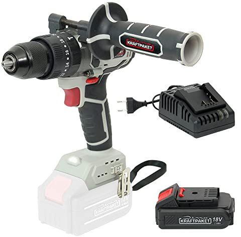 Dino KRAFTPAKET 18V-75Nm Bürstenloser Akku-Schlagbohrschrauber Bohrschrauber Akkuschrauber (Set mit 2Ah Akku, Ladegerät) 13mm Stahl-Schnellspannbohrfutter, 20+3 Stufen 2-Gang, LED, Motor bürstenlos