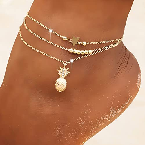 Clataly Sun Moon Anklet Bracelets Multilayer Pineapple Love Turtle Beaded Ankle Summer Accessories Beach Foot Jewelry for Women Girls (Gold Pineapple Anklet)