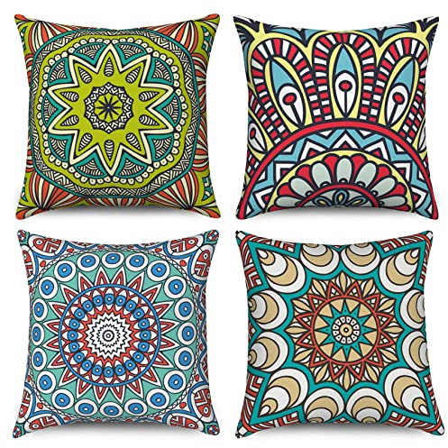 Hnmdmyi Funda de cojín Boho 40x40 Juego de 4, Bohemio Granja Retro Floral Mandala Medallón Brújula Cojín Decorativo Cubiertas Funda de Almohada de Lino para Sofá Cama Jardín Decoración del hogar