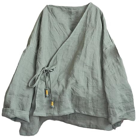 NFYM Hanten kimono cardigan för kvinnor långärmad omlott framsida bomull linne retro hanfu kostym oregelbundna skjortor toppar, gRÖN, one size