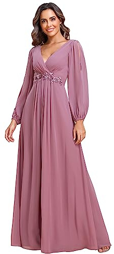 Ever-Pretty Women's Elegant A-Line Deep V-Neck Appliques Pleated Long Sleeve Bridesmaid Dress Orchid 16UK
