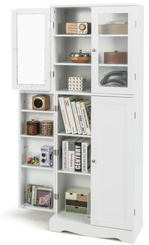 Giantex Hoher Küchenschrank, freistehende Kommode mit zwei Türen aus gehärtetem Glas, Aufbewahrung für Esszimmer, Wohnzimmer, 60 x 31,5 x 161,5 cm (Weiß)