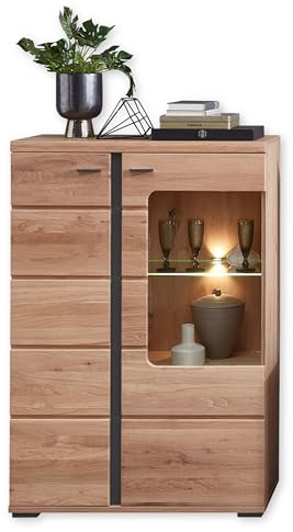 Vitrine in Altesche massiv, Old Artisan Oak Optik FSC-Zertifiziert - Moderner Vitrinenschrank mit LED-Beleuchtung und viel Stauraum - 90 x 134 x 38 cm (B/H/T) | 90 x 134 x 38 cm (B/H/T), Vitrinenschrank mit 2 Türen, Glasvitrine für das Wohnzimmer, FSC-Zertifiziert, viel Stauraum
