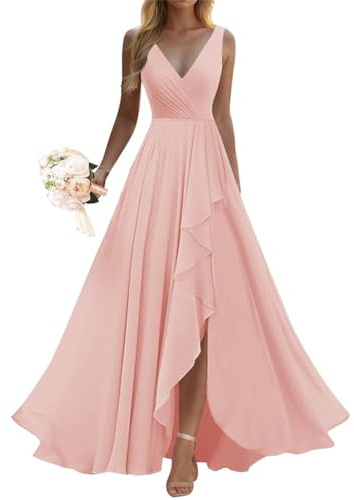 Robe de demoiselle d'honneur à volants pour femme - Longue fente - En mousseline de soie - Robe de soirée formelle pour mariage