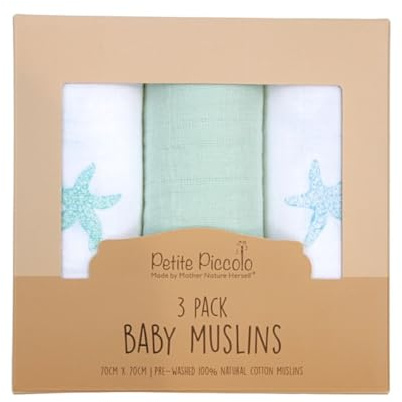 Petite Piccolo Baby Mulltücher für Baby Mulltücher Mulltücher 100% Baumwolle Spucktücher Weich und Saugfähig Seestern Design 70cm x 70cm 3 Stück - Weiß