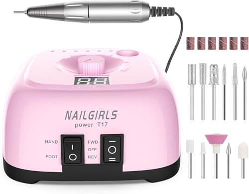 Fresa ELettrica,NAILGIRLS 11 in 1 Fresa Unghie Gel Manicure e Pedicure Elettrico,35000RPM Velocità Regolabile,Intelligente Led,Portatile Lima Elettrica Unghie (Rosa)
