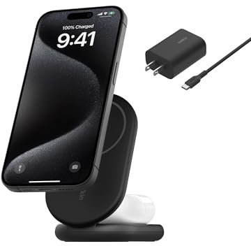 Belkin MagSafe-Compatible Charger, 2-in-1 Magnetic Foldable Charger 15W - Qi2-Certified Wireless Charging for Apple iPhone 16, Apple Watch, Samsung Galaxy S25 w/Non-Slip Base, PSU Included - Black