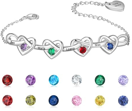 Wamantic Personalisierte Armband Silber Damen Gravur Name Herz Armkette Schmuck mit Geburtsstein Geschenk für Frauen Mutter Tochter Freundin Mama Weihnachten Muttertag