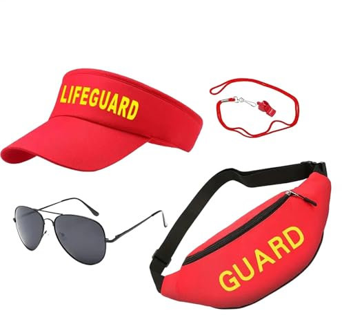 Gungtj Lifeguard Costume with Accessories, Adjustable Lifeguard Outfit, Lifeguard Costume with Sun Visor and Whistle, Baywatch Complete Lifeguard Costume Set for Men Women