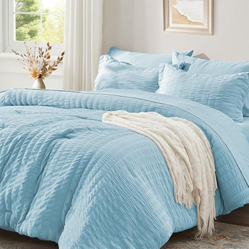 Zzlpp Set di 5 pezzi in tessuto seersucker azzurro per letto singolo, con piumino e lenzuola, per tutte le stagioni, con 1 piumone, 1 federa, 1 lenzuolo piatto, 1 lenzuolo con angoli