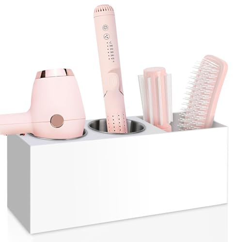 Bollmisde Hair Tool Organizer, Hair Dryer Holder with Heatproof Steel Cups, Acrylic Vanity Organizer for Curling Iron, Flat Iron & Hair Brushes, Perfect for Bathroom (White, Standard)