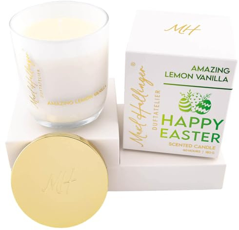 Hallingers Genuss Manufaktur Duftkerze Ostergeschenk - intensiv duftende Kerze aus Sojawachs im Glas, bis 40h von Maxl Hallinger in edler Geschenkbox Happy Easter, Osterkörbchen Geschenkidee